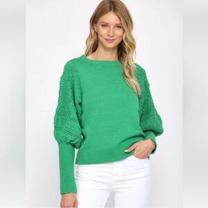 FATE L Crochet Puff Sleeve Sweater, distinctive balloon/Juliet sleeves in green